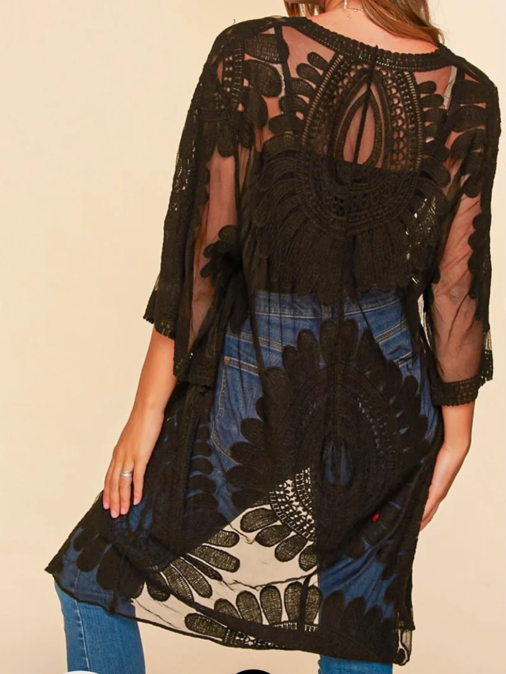 Black Boho Embroidered Lace Sheer Mesh Kimono Duster / Swim Beach Cover Up